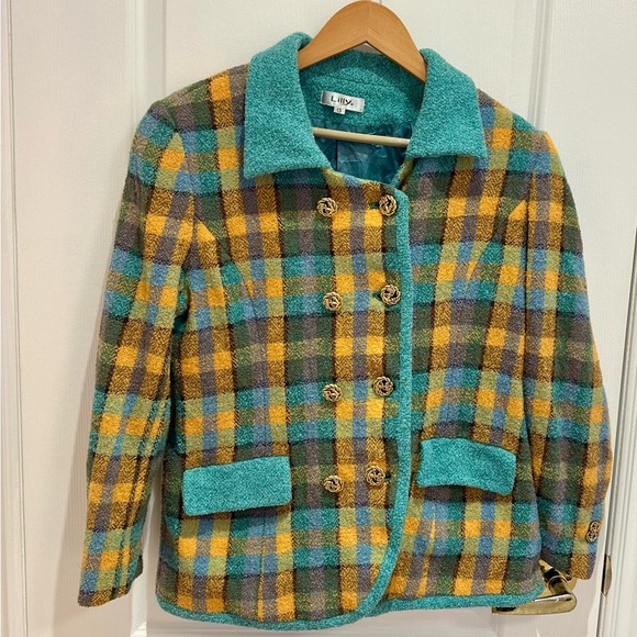 Vintage Bouclé Plaid Jacket Blazer by Lilly | Gold Button Double Breasted | M/L - Picture 8 of 9